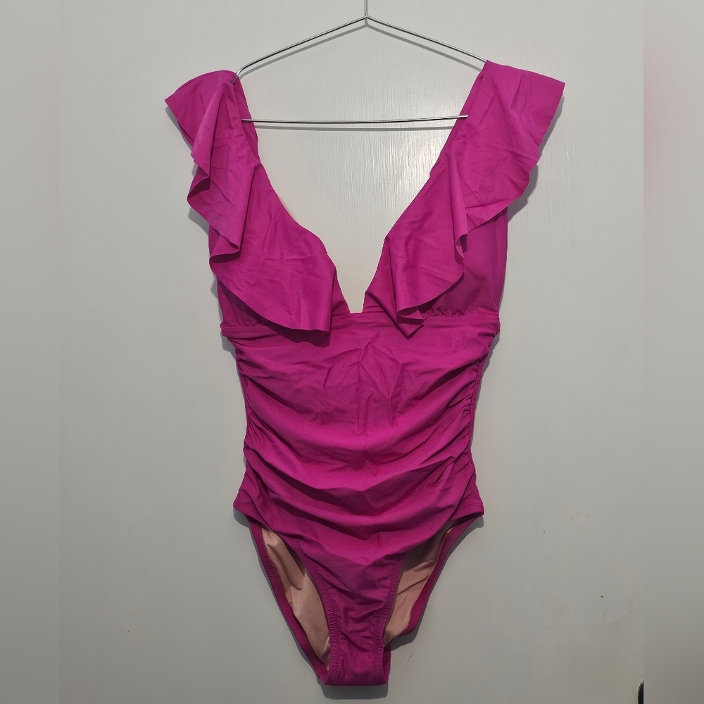 NWT - J.Crew Ruched Ruffle One-Piece Swimsuit - Radiant Fuchsia